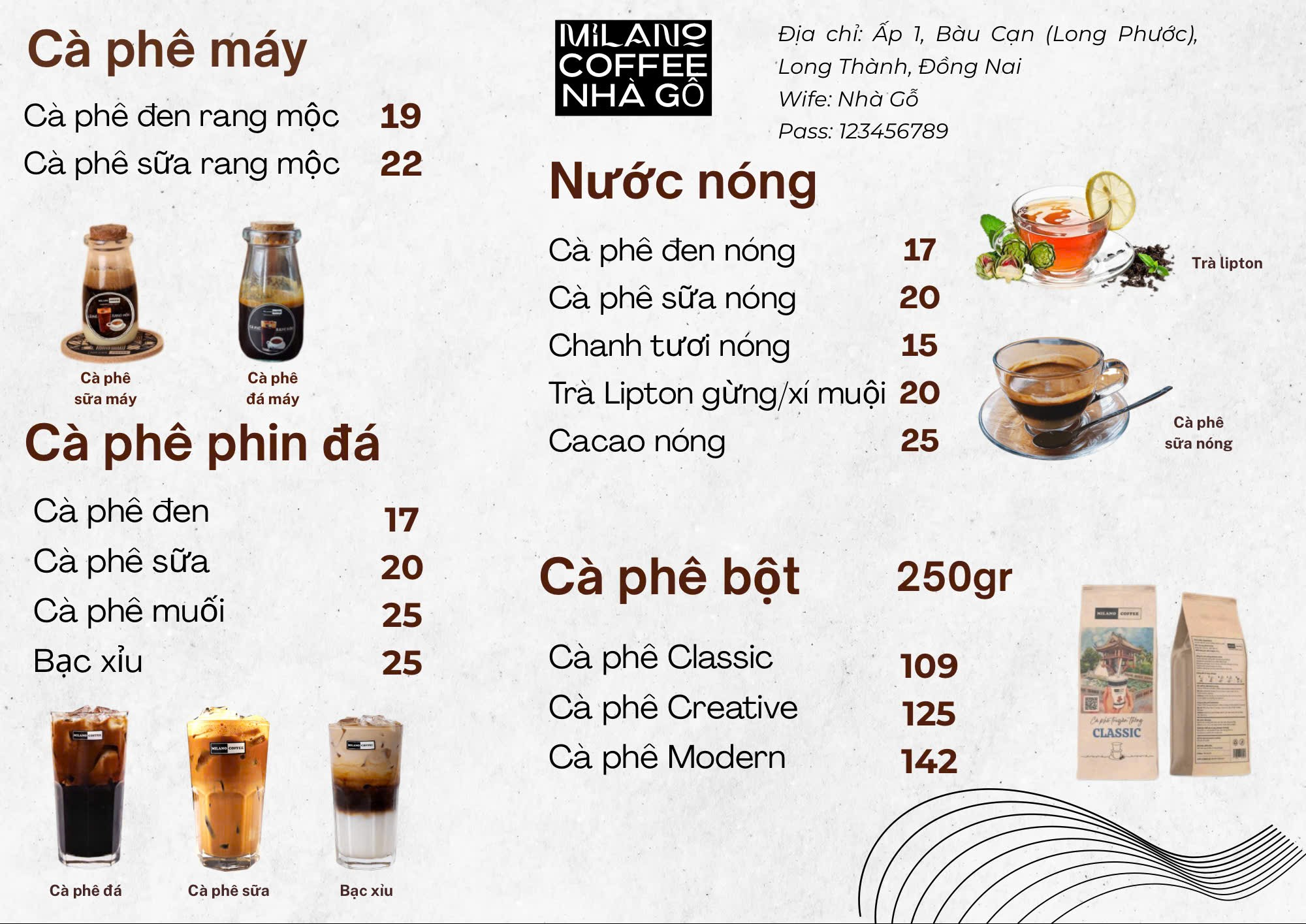 Thực đơn Milano Coffee Nhà Gỗ: cà phê máy, cà phê phin đá, nước nóng và cà phê bột