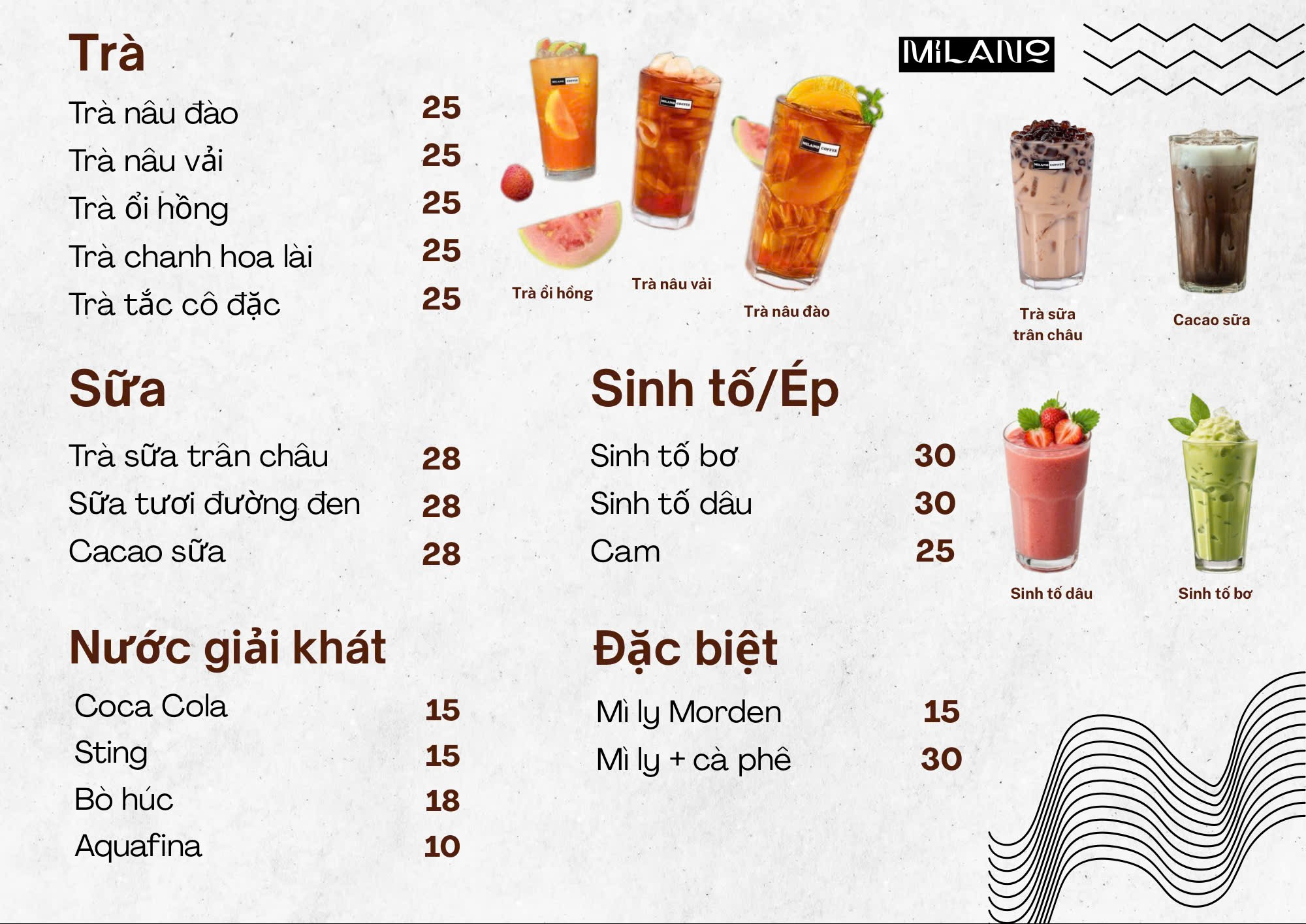 Thực đơn Milano Coffee Nhà Gỗ: trà, sữa, sinh tố ép, nước giải khát và món đặc biệt