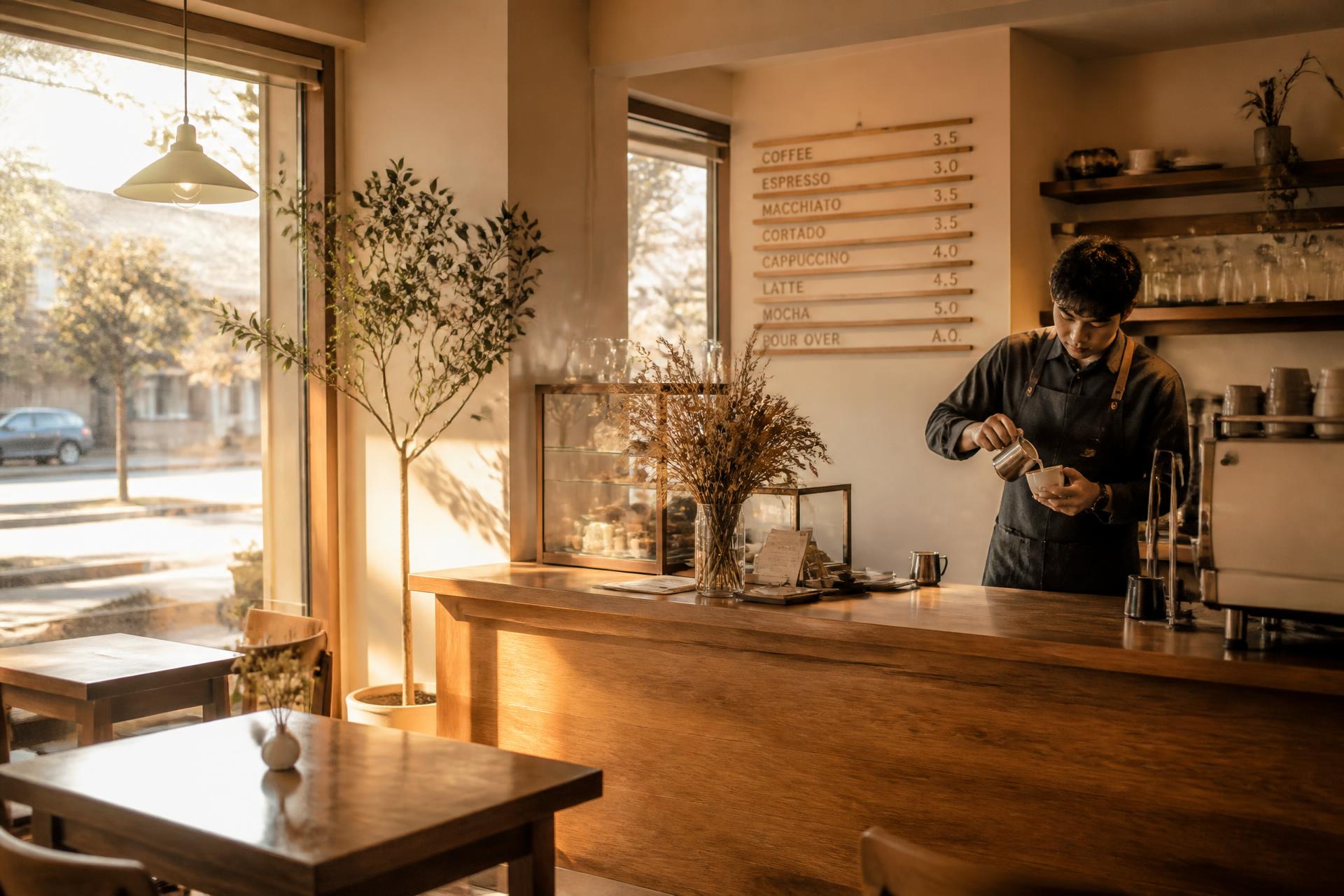 Không gian quán cà phê Milano - Mỹ Kiều trong ánh nắng sớm với quầy bar gỗ và barista đang pha chế